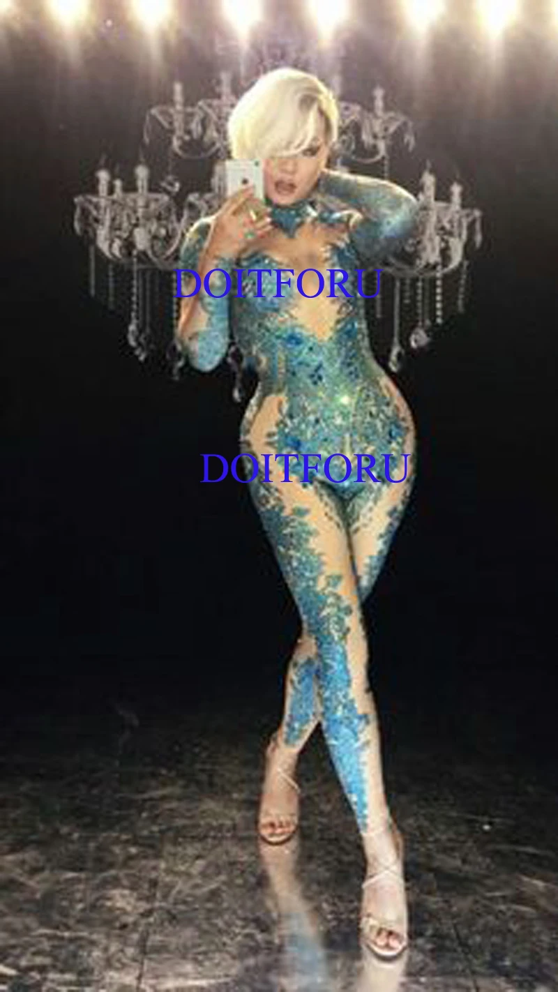 Skinny Blue Crystals Jumpsuit Female Singer Dancer Stones Costume One-piece Bodysuit Nightclub Oufit Party Leggings (3)