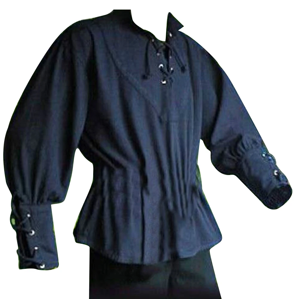 Medieval Men Shirt Solid Color Bandage Stand-up Collar Knight Top Without Belt 