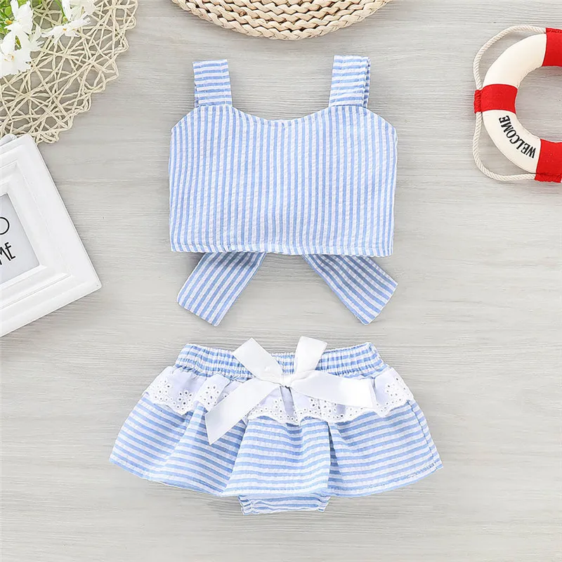 

ISHOWTIENDA Fashion Infant Baby Girls Sleeveless Bow Striped Vest Tops+Ruffles Lace Shorts Outfits Baby Sets 2019