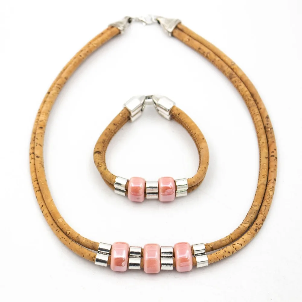 

Natural Cork red porcelain beads set women original jewelry set Handmade eco materials woode SET-072-B