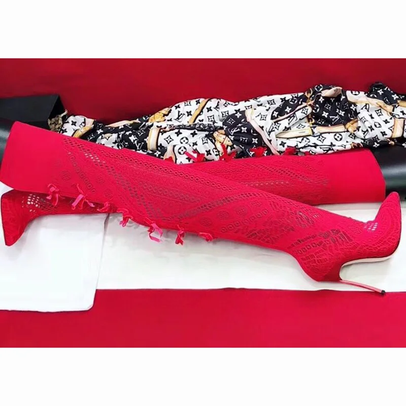 yellow red Del Altas De Sexy Cordón Partido Blanco Verano Toe Recortes Alto Negro Tacón Encaje rose Señora Zapatos Nueva Red Botas Mujeres Black Punta white Cut zwHS11q7