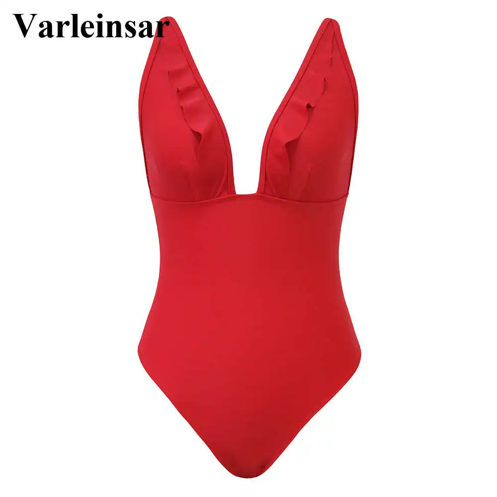 Bather 2017 New Sexy frill Red one piece swimsuit female swimwear women