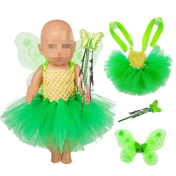 

Born New Baby Doll Clothes Fit 17 inch 43cm Doll Green Elf Wings Clothes Crown Mermaid Yarn Skirt Suit Accessories For Baby Gift
