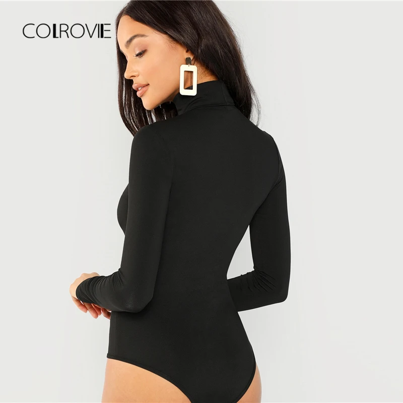 COLROVIE الأسود الصلبة عالية الرقبة فتاة مثير ارتداءها النساء الخريف طويلة الأكمام الإناث ضئيلة نحيل الأساسية النساء داخلية
