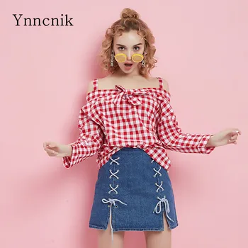

Ynncnik 2018 New Plaid Shirts Women Cotton and Linen Slash Neck Long Sleeve Blouse Loose Sweet Tops Bow Female Blousa S1028