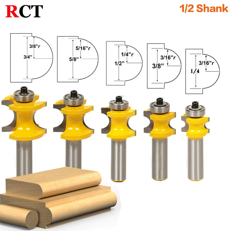 1 5Pc Bullnose Router Bit Set C3 Carbide Tipped 1/2" Shank Woodworking