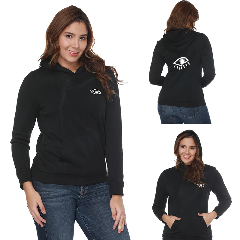 Women Girls Winter Autumn Sport Eye Print Black Hoodies Sweatshirt Long