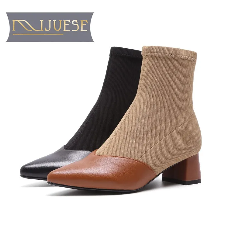 

MLJUESE 2019 women ankle boots cow leather knitting slip on winter short plush pointed toe mixed colors women boots size 34-40