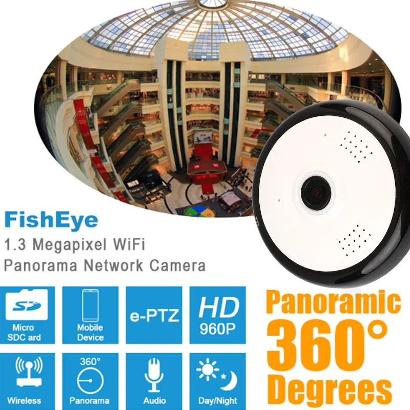 

960P Wifi Camera 360 Degree Panoramic Camera 2MP Home Security Video Surveillance Night Vision Fisheye Surveillance Network