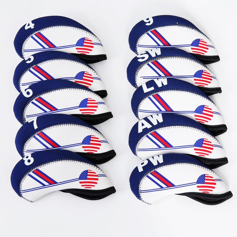 

10pcs White& Blue USA Flag Neoprene Golf Club Iron Head Cover Protector Set Hot
