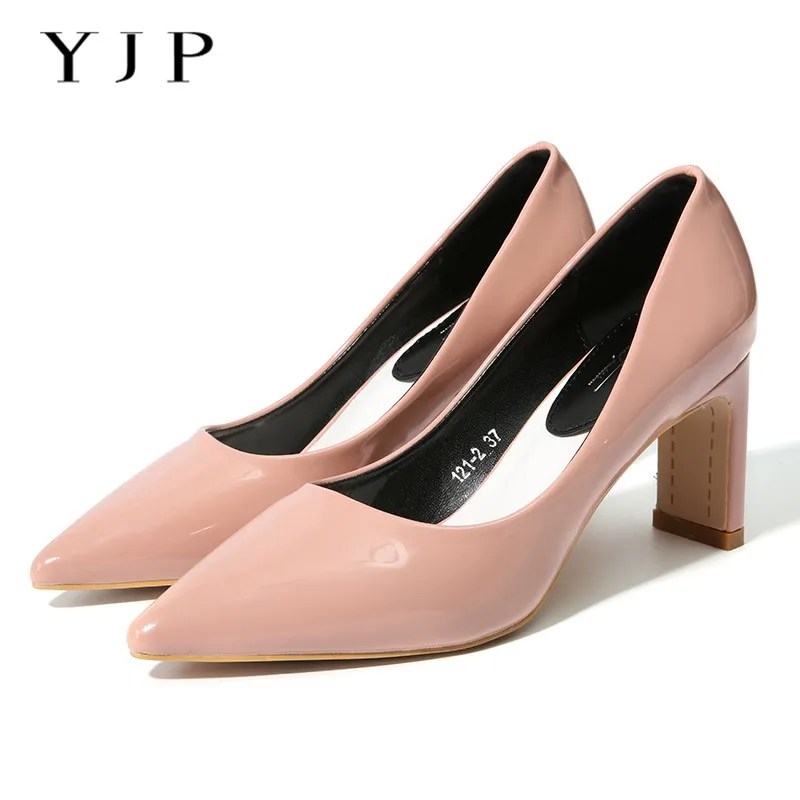 

YJP Women Pointed Toe Pumps, Pink/Beige/Sky Blue Solid 7.5cm High Heels, Ladies Candy Colors Patent Leather Slip On Casual Shoes