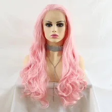 Marquesha, натуральный вид, длинные волнистые, розовый цвет, высокотемпературное волокно, синтетические парики на шнуровке спереди для женщин