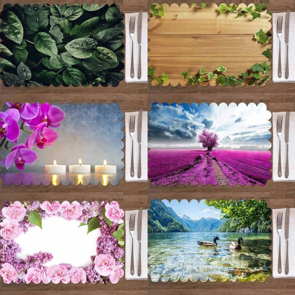 

Else 4PCS Wood Green Leaf Purple Flowers Candle Washable Print Fabric Place Table mat for Dining Room Kitchen Table Napkins Set