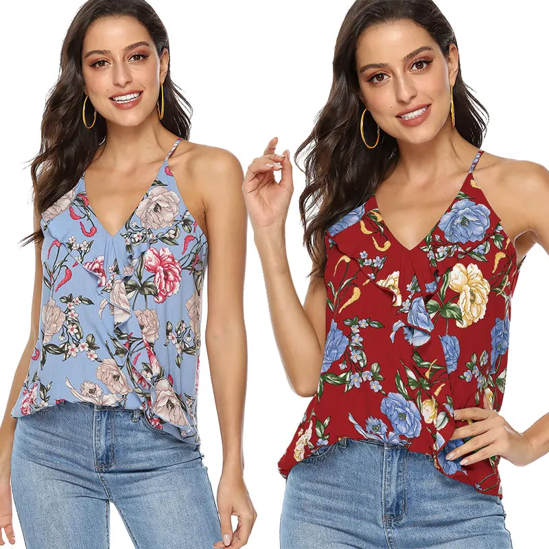 

H80&S90 New 2019 Hot Summer Women's Casual Floral V-neck Loose Retro Fashion Tops Vest Ruffled Shirt Sleeveless Strap Tank Top