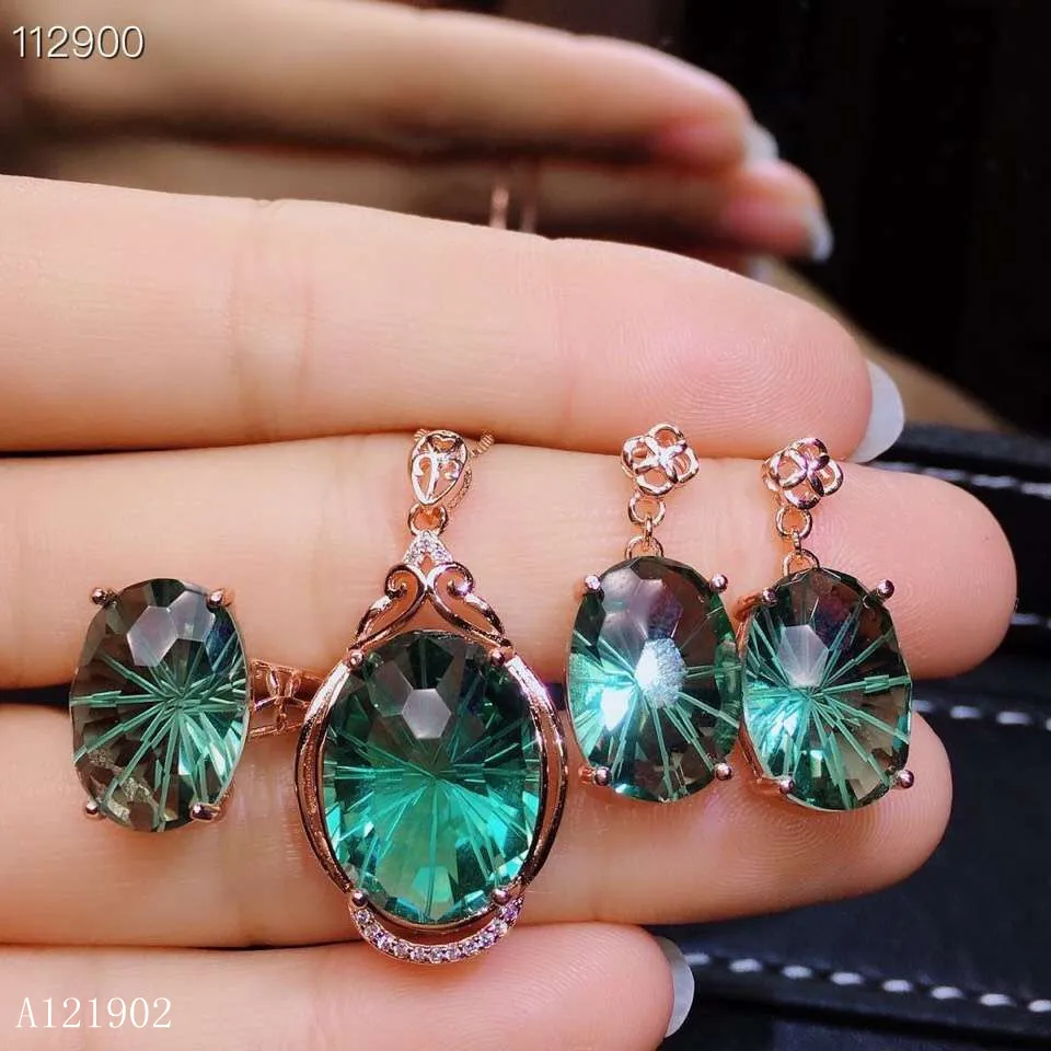 

KJJEAXCMY exquisite jewelry 925 Silver-inlaid Natural Ruby-emerald Crystal Female Ring Drop Earring Set Support Detection