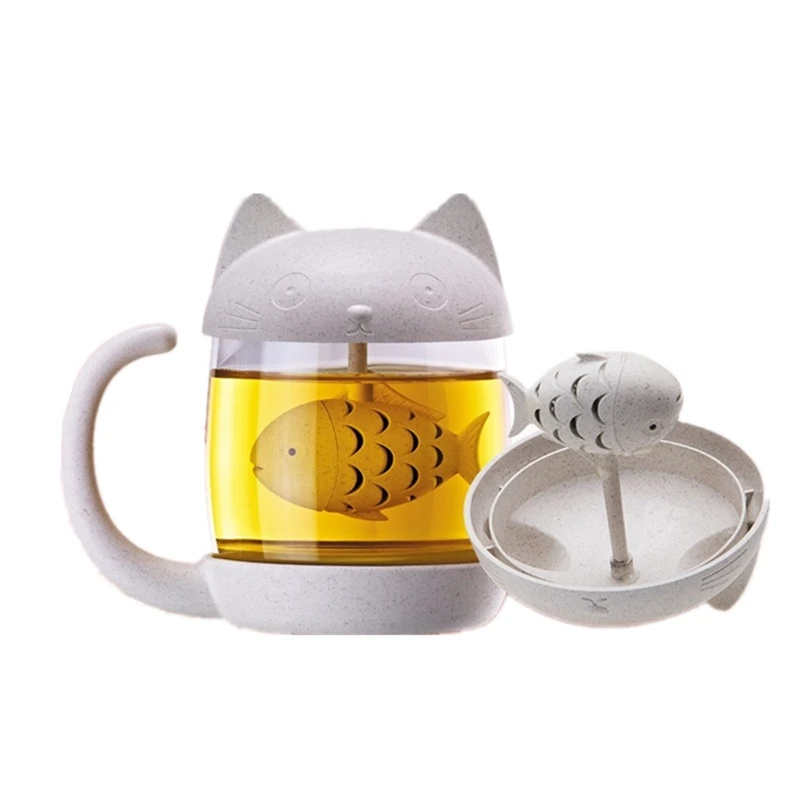 New! Wheat Cup Fibre Cute Cat Cup Tea Cups With Fish Infuser Strainer Filter Tea Cup With Cat ...