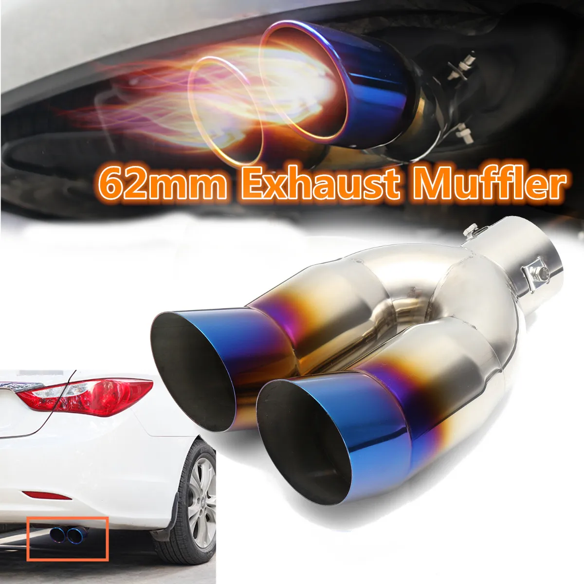 

62mm Universal Car Stainless Steel Inlet Dual Burnt Slanted Exhaust Muffler Tip