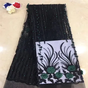 

3D Lace Fabric 2018 High Quality Embroidered Trim Beaded Tulle Lace Fabric Black Color African Lace Fabric For Women H1076-2