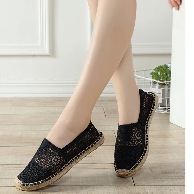 Girseaby/Модная женская обувь на плоской подошве; женские эспадрильи из пеньковой ткани с вырезами; Летняя обувь на плоской подошве без шнуровки; женская обувь на плоской подошве; Цвет Черный; sapatos; F342