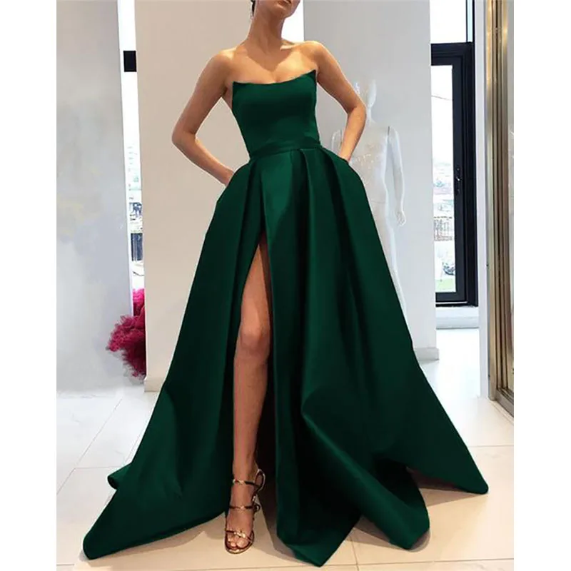 Royal Blue Prom Dresses Long 2019 Satin Strapless Evening Gowns With Slit-