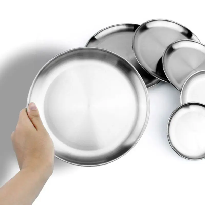 Vajilla de acero inoxidable de Camping plato de comida contenedor plato bandeja redonda plato de accesorios de cocina comedor al aire libre