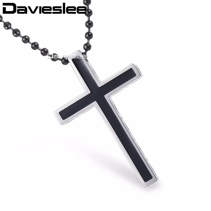 Davieslee Mens Chain Cross Pendant Necklace Stainless Steel Black Resin