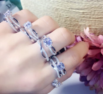 

Hot S925 Sterling Silver Hollow Pattern 2 Ring Set Elegant Inlaid Luxury Classic Wedding Engagement Ring For Women jewelry Gift