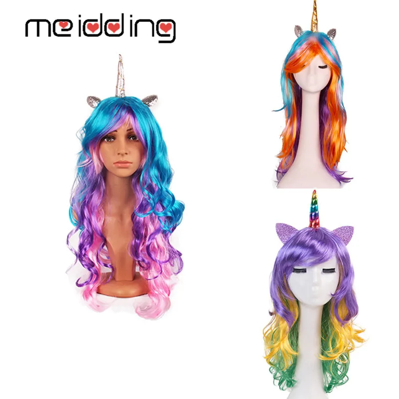 

MEIDDING Unicorn Party Birthday Decoration Long Wavy Unicorn Wigs Fake Hair Cosplay Unicorn Wigs With Horn Synthetic Wigs Decor