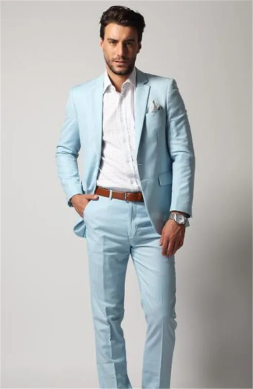 

Notch Lapel Men Suit Fashion Light Blue Suit Casual Slim Fit 2 PCs Men's Wedding Suits Jackets+Pants Male Suit Custom Made
