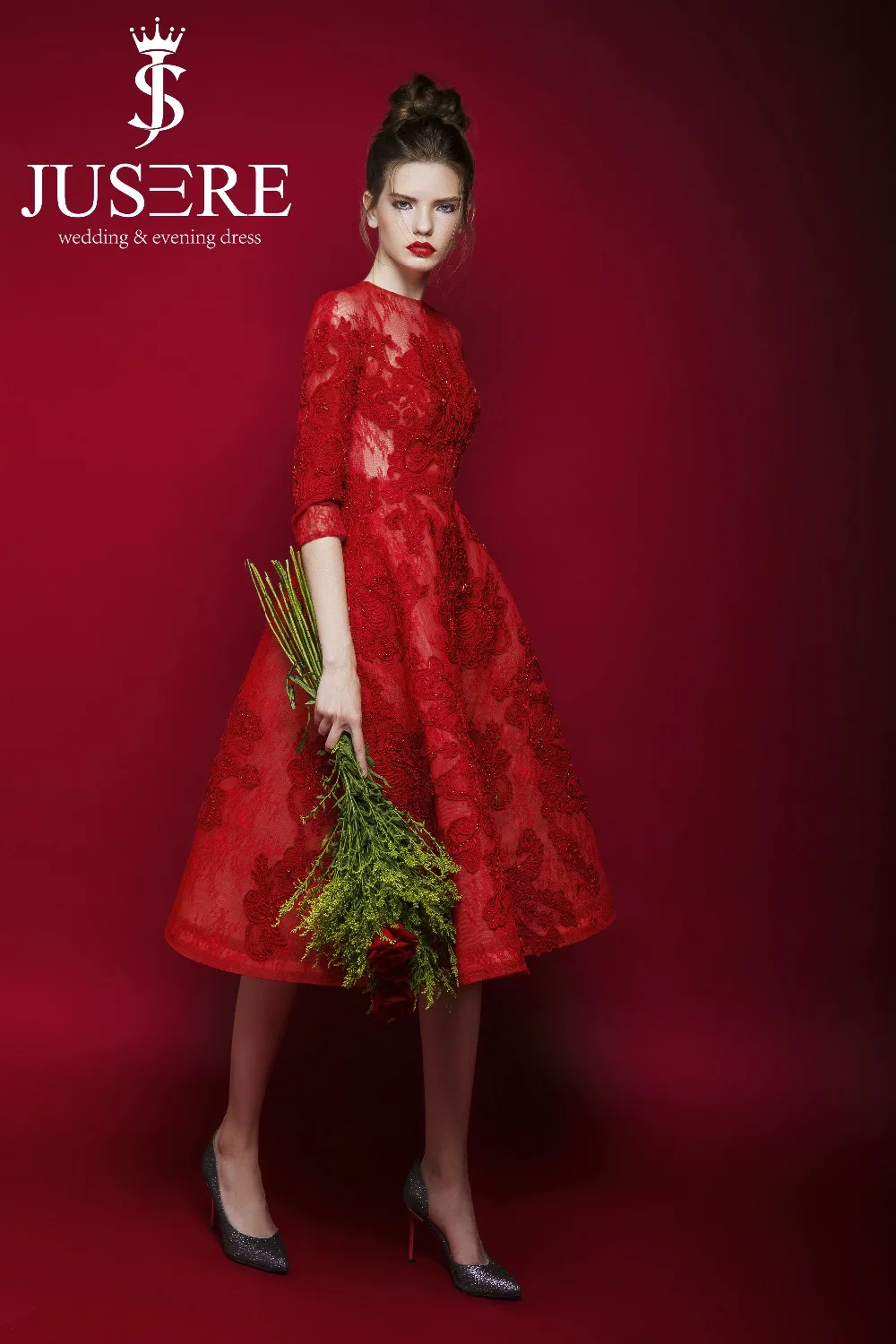 2018 элегантное Jusere ТРАПЕЦИЕВИДНОЕ бордовое индивидуальное платье с круглым вырезом три четверти с аппликацией расшитый кружевом длиной до