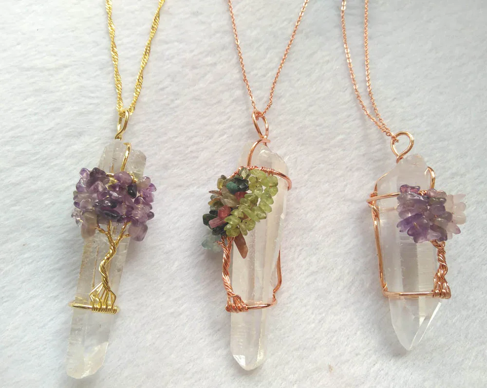 Natural Clear Rock Quartz Tree Of Life Healing Crystal Wire Wrap Pointed pendant