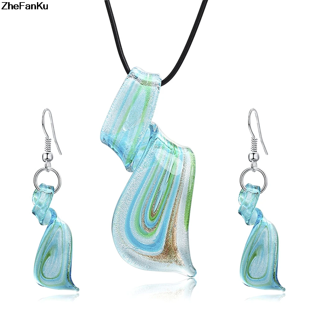 

Fashion Personality Women Necklace Earrings Set Blue Glass Spiral Tornado Pendant Jewelry Set Creative Contracted Leather Bijoux