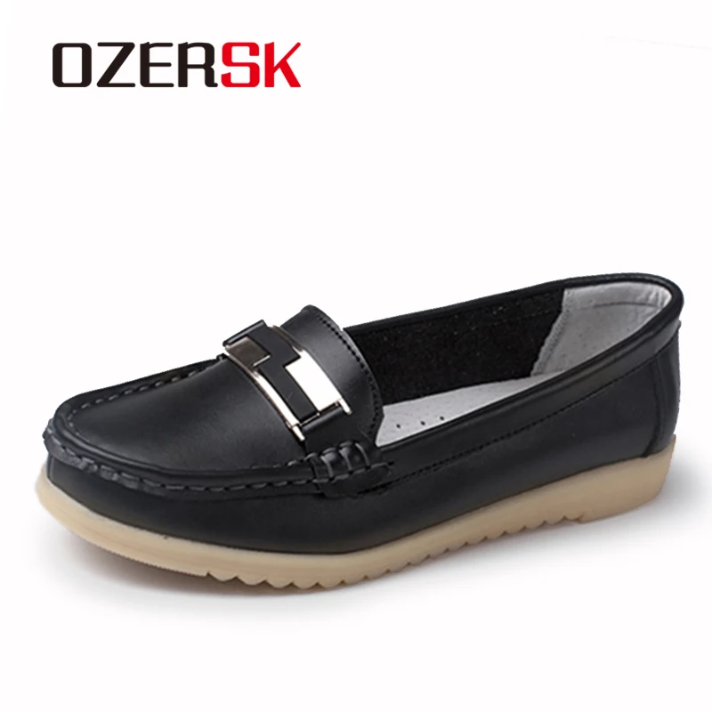 OZERSK Fashion Casual Shoes Slip On Woman Loafers Genuine Leather Female Flats Shoes Crystal Ladies Boat