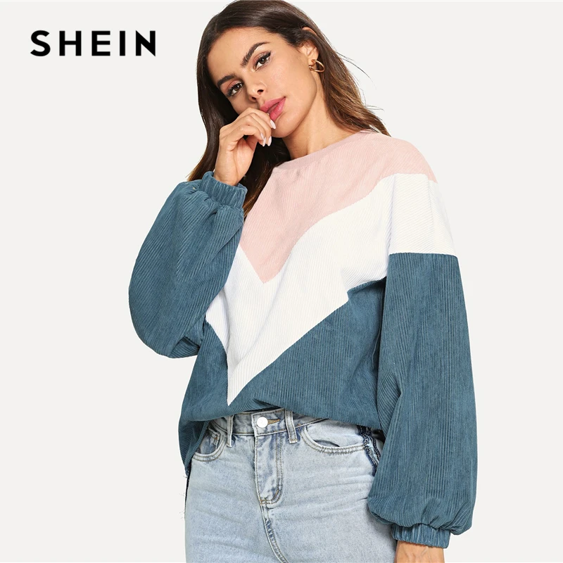 SHEIN Multicolor Cut and Sew Chevron Sweatshirt Preppy Round Neck Bishop Sleeve Pullovers Women Aut