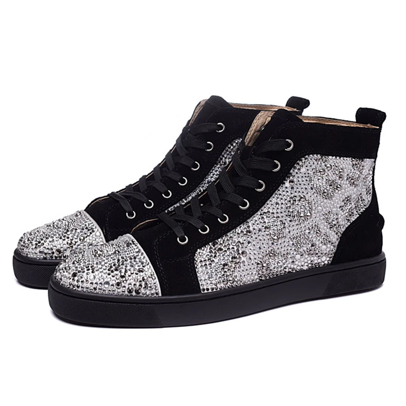 

Luxury Brans Sequined Cloth Rhinestone Mes Sneakers High Toe Lace Up Round Toe Loafers Breathable Flock Gladiator Smoking Shoes