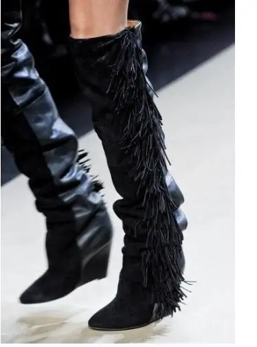 

Moraima Snc Side Tassel Suede Over The Knee Boots Women Pointed Toe Wedges High Heels Lady Motorcycle Boots Runway Shoes