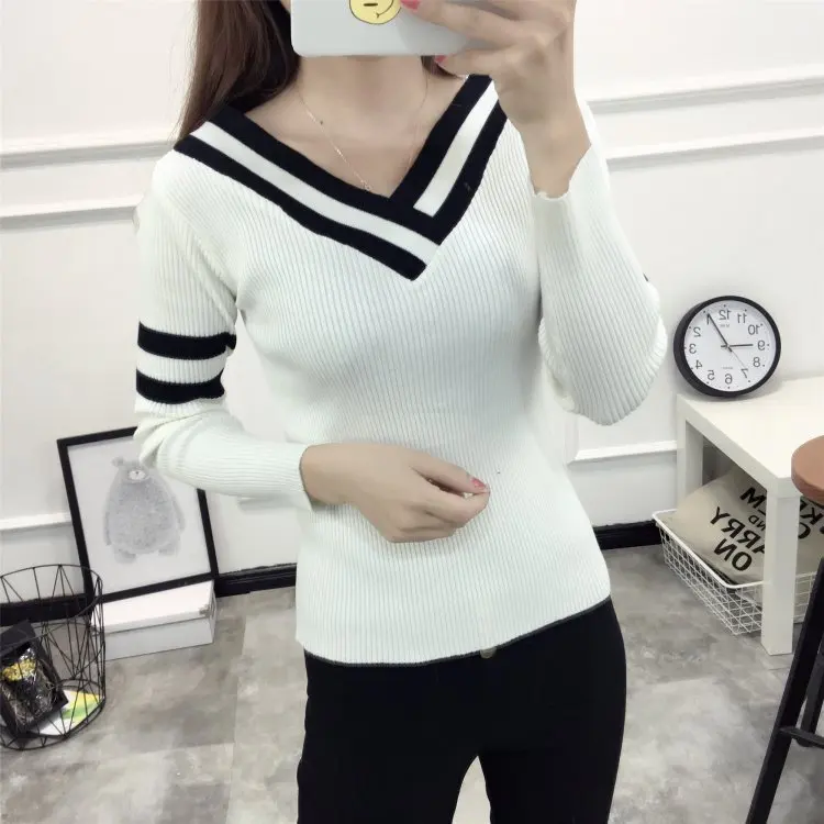 New Autumn Winter Woman's Sweater Bottoming Pullovers Slim Sweaters V Neck Sexy Long Sleeves Sweaters Black white Striped