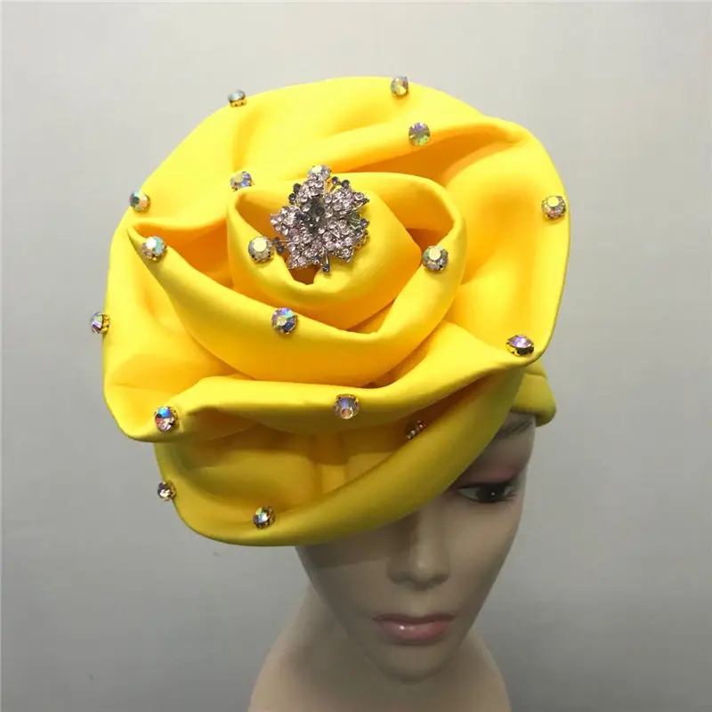 Желтый Цвет уже сделал Aso Ebi Стиль Нигерия Авто Headtie Кепки с камнями и брошь для Женское вечернее платье 30