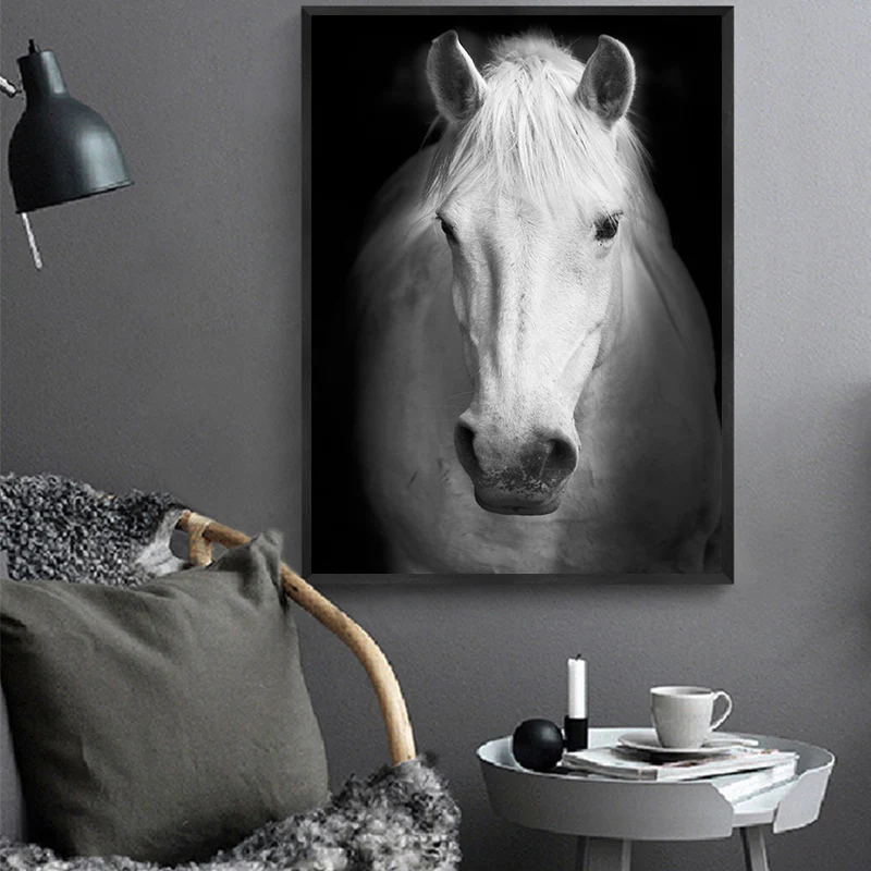 Настенные художественные картины, печать HD, животные, нордическая черная и белая лошадь, картины для гостиной, украшение дома, без рамки
