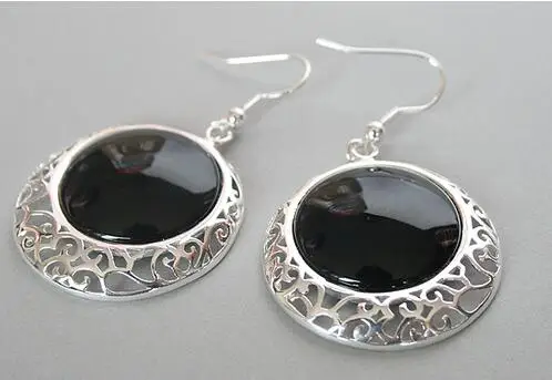 

925 Sterling Silver Hook Natural Black Natural Stone Onyx Coin Beads Earrings 2 ">>girls jades Free shipping
