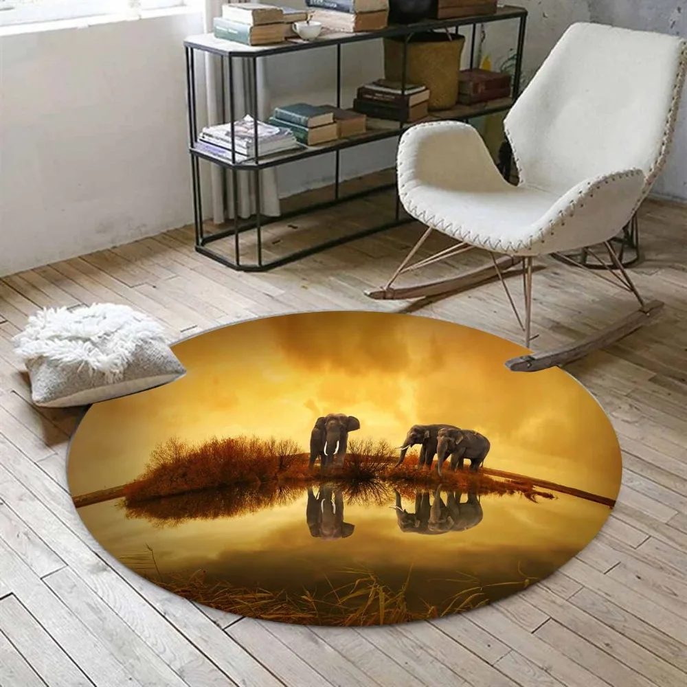 

Else Brown Golden Yellow African Elephants on Rivers 3d Print Anti Slip Back Round Carpets Area Rug For Living Rooms Bathroom