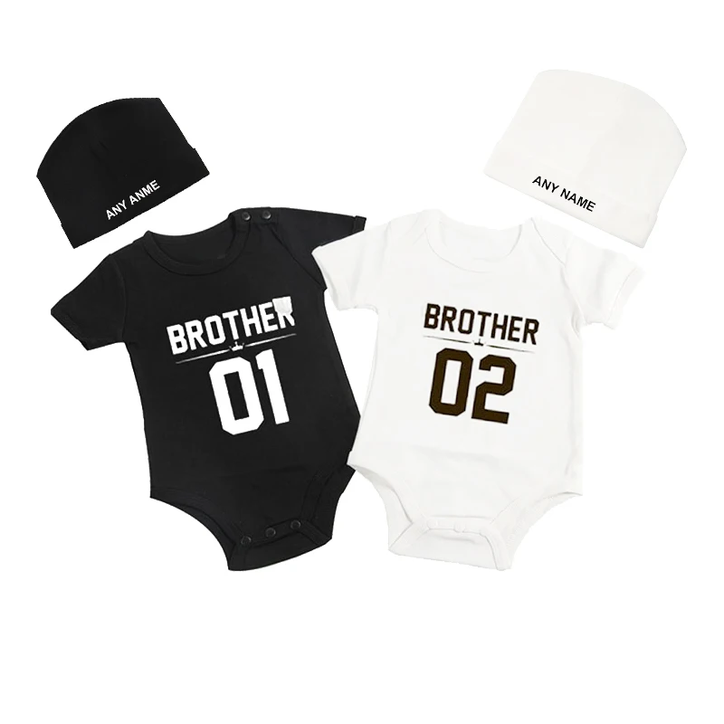 

Culbutomind Brother 01 02 Print Twins Matching Set Newborn Clothes Cute Rompers Short Sleeve Cotton Jumpsuit with Custom Beanie