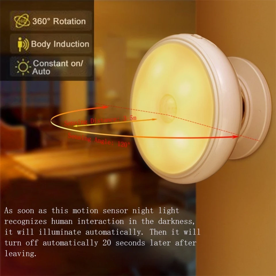 

360 Degree Rotating Rechargeable Motion Sensor kids room LED Night Light Security Wall lamp for Home Bedroom Stair Kitchen
