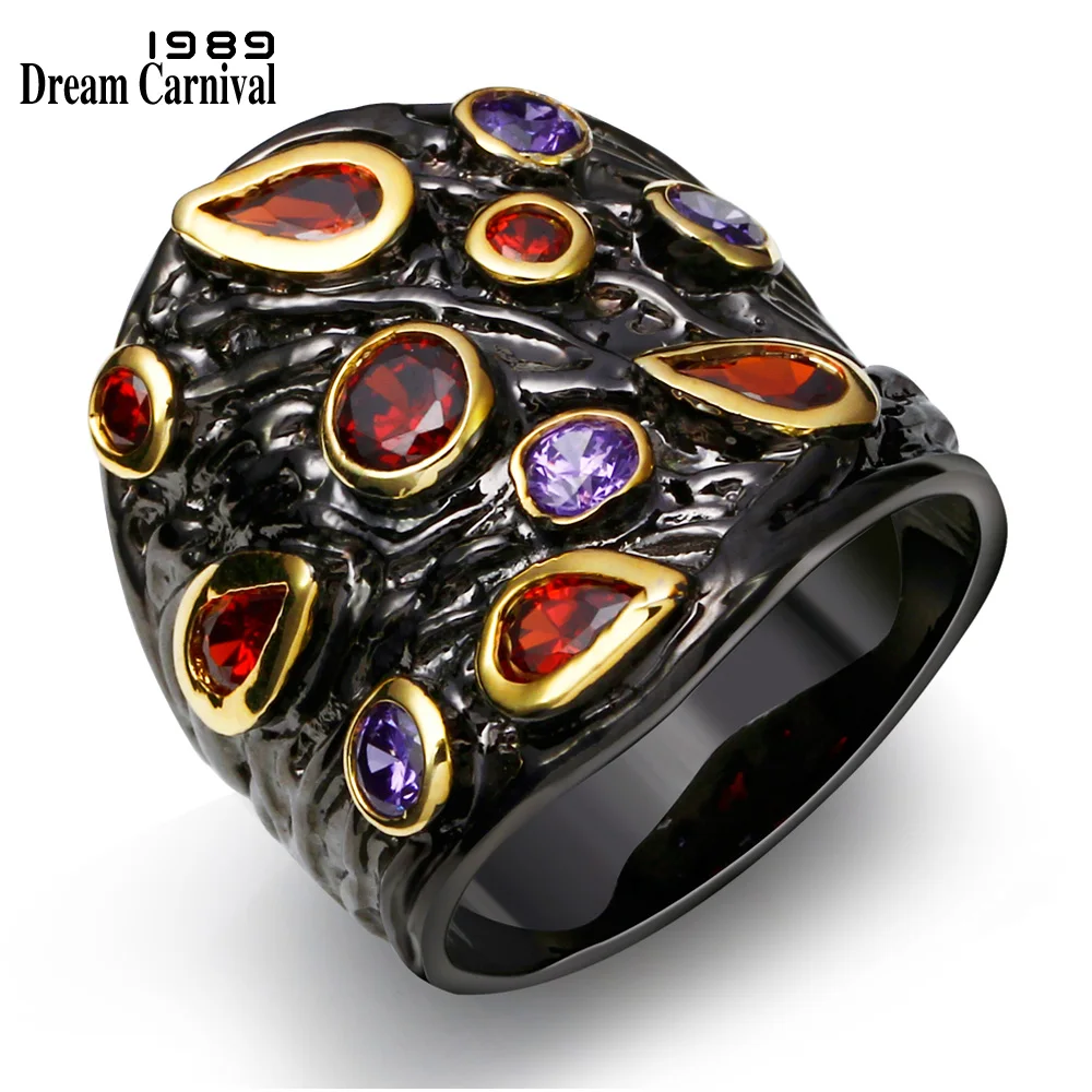 

DreamCarnival1989 Red Crystal Chunky Jewelry Color Zircon stones rings Black Gold-color Lady Unique Design Cocktail Rings R14