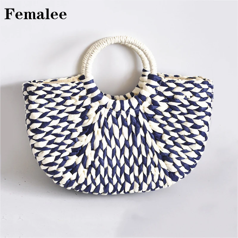 

FEMALEE Pastoral Half Moon Top-Handle Woven Straw Bags Women Braided Handmade Totes Round Handle Big Rural Japan Style Handbags