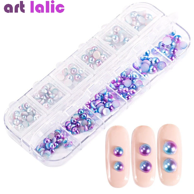 

1 Case Pearl Mermaid Beads Mixed Size Flat Back Magic Gradient Symphony Nail Art Decor 3D Manicure Charm Jewelry