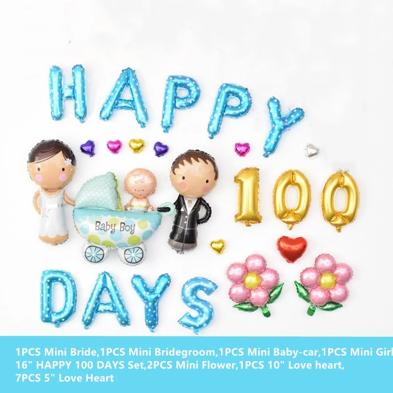 26 шт счастливые 100 дней набор воздушные шары конфеты счастливые 100 дней фольги воздушные шары для новорожденного ребенка фестиваль девушки Globos воздушные шары украшения - Цвет: Blue
