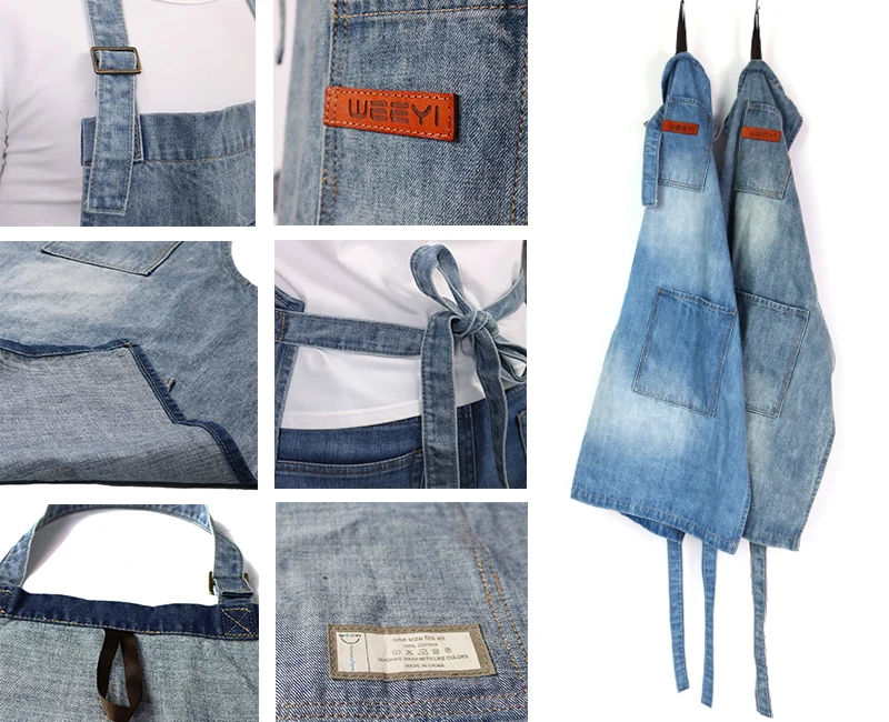 WEEYI Washable Shop Denim Apron with 3 Pockets Unisex Fits Small to XXL Vintage  Blue Homewear Workwear 34x27 Inches  (8)