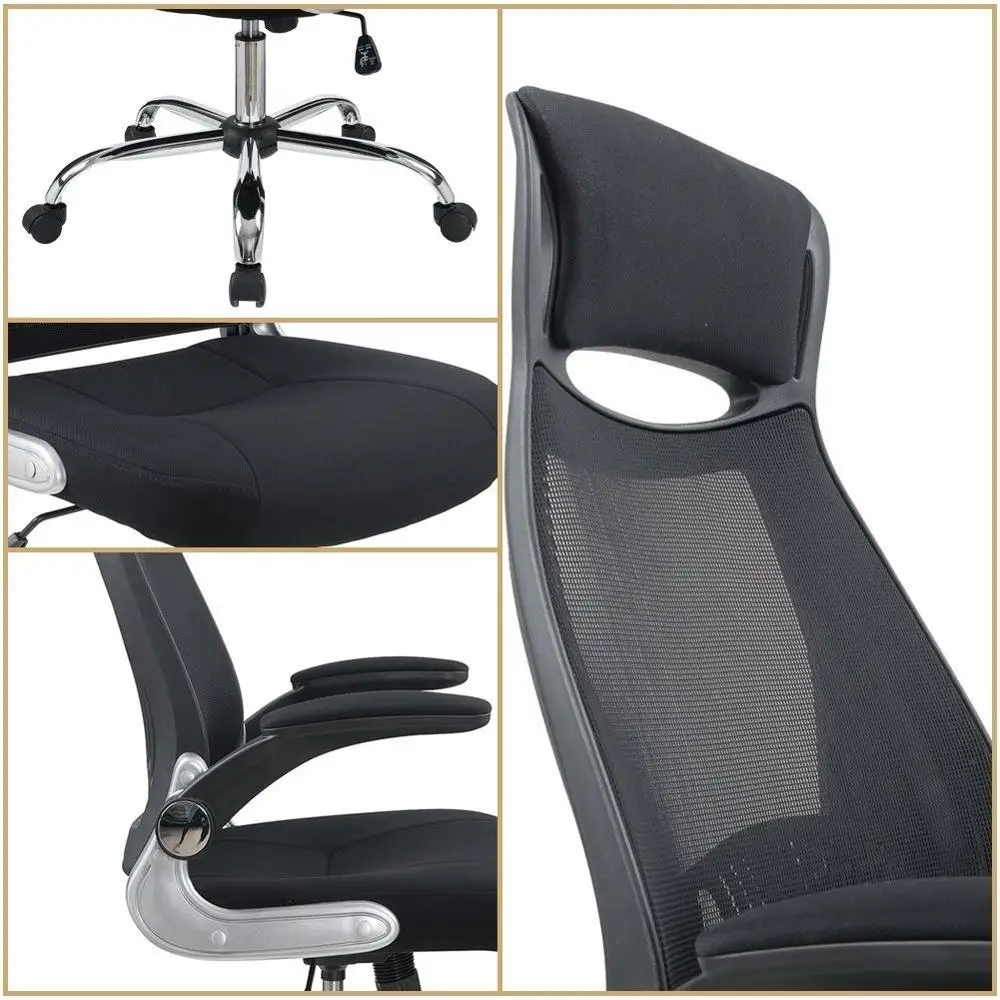 Office Chair Black Ergonomic Swivel Mesh Task Chair High Back Padded Desk Chair With Foldable Armrest Head Support Luxury