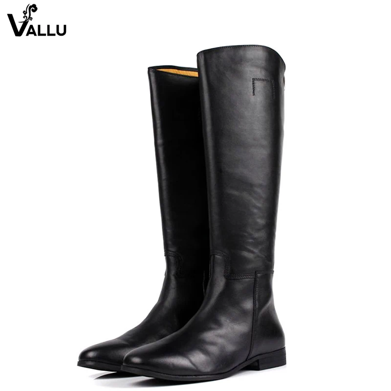 

VALLU Fashion Back Zip Mans Long Boots First Layer Of Leather Luxury Men Boots Square Heel Stitch Handmade Male Soft Shoes